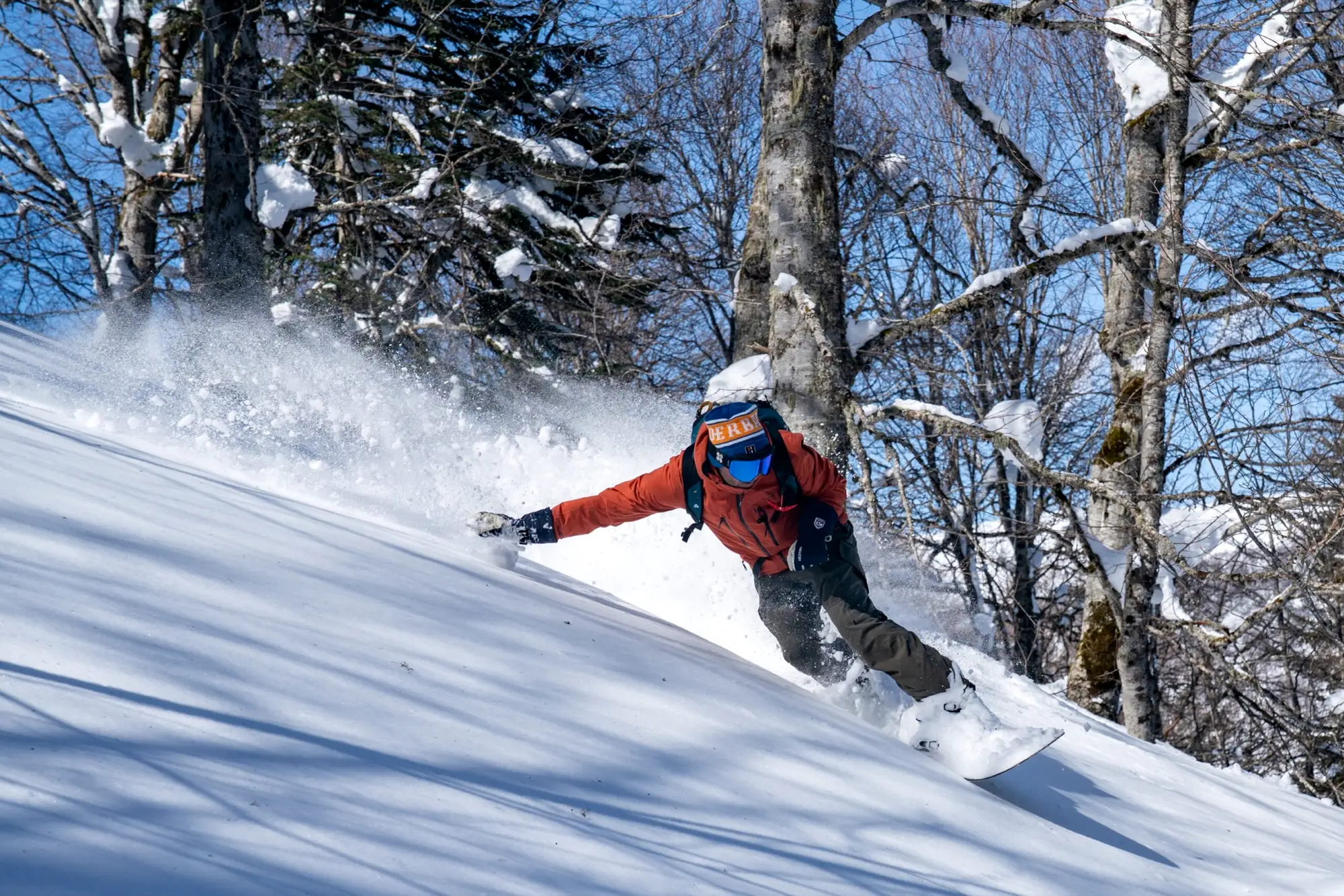 Snowboarder in de diepe sneeuw tussen de bomen